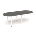 Oval table with grey top and white metal legs on a white background