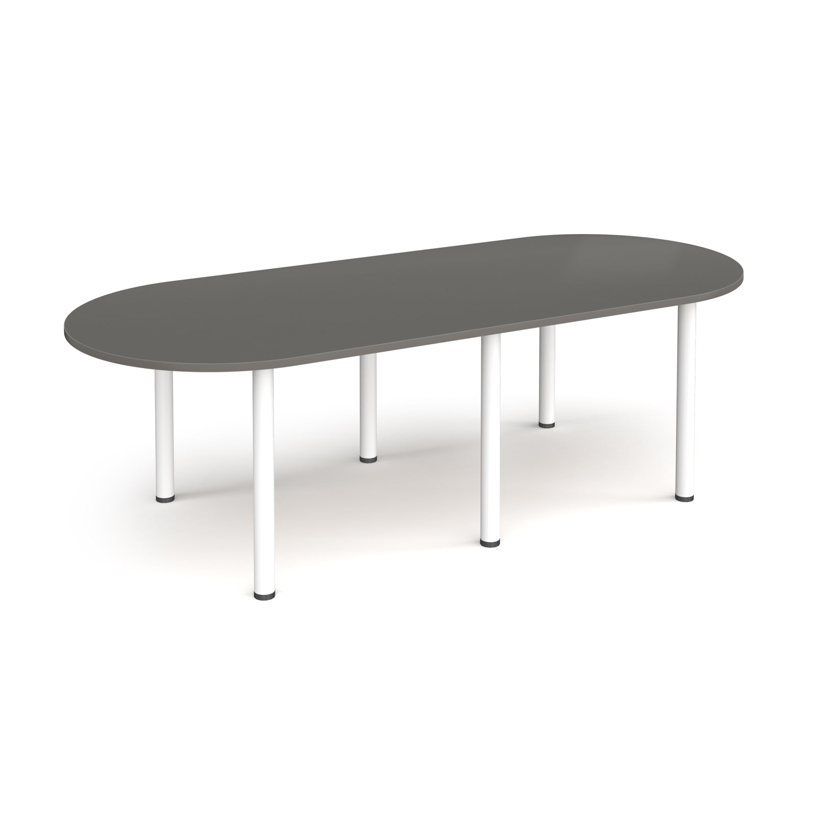 Oval table with grey top and white metal legs on a white background
