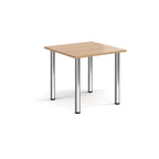 Square table with wood-effect top and metal legs on a white background