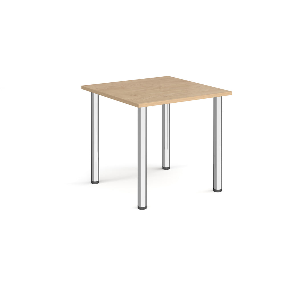 Square table with wood-effect top and metal legs on a white background
