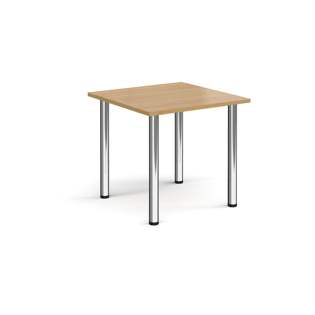 Square table with wood-effect top and metal legs on a white background