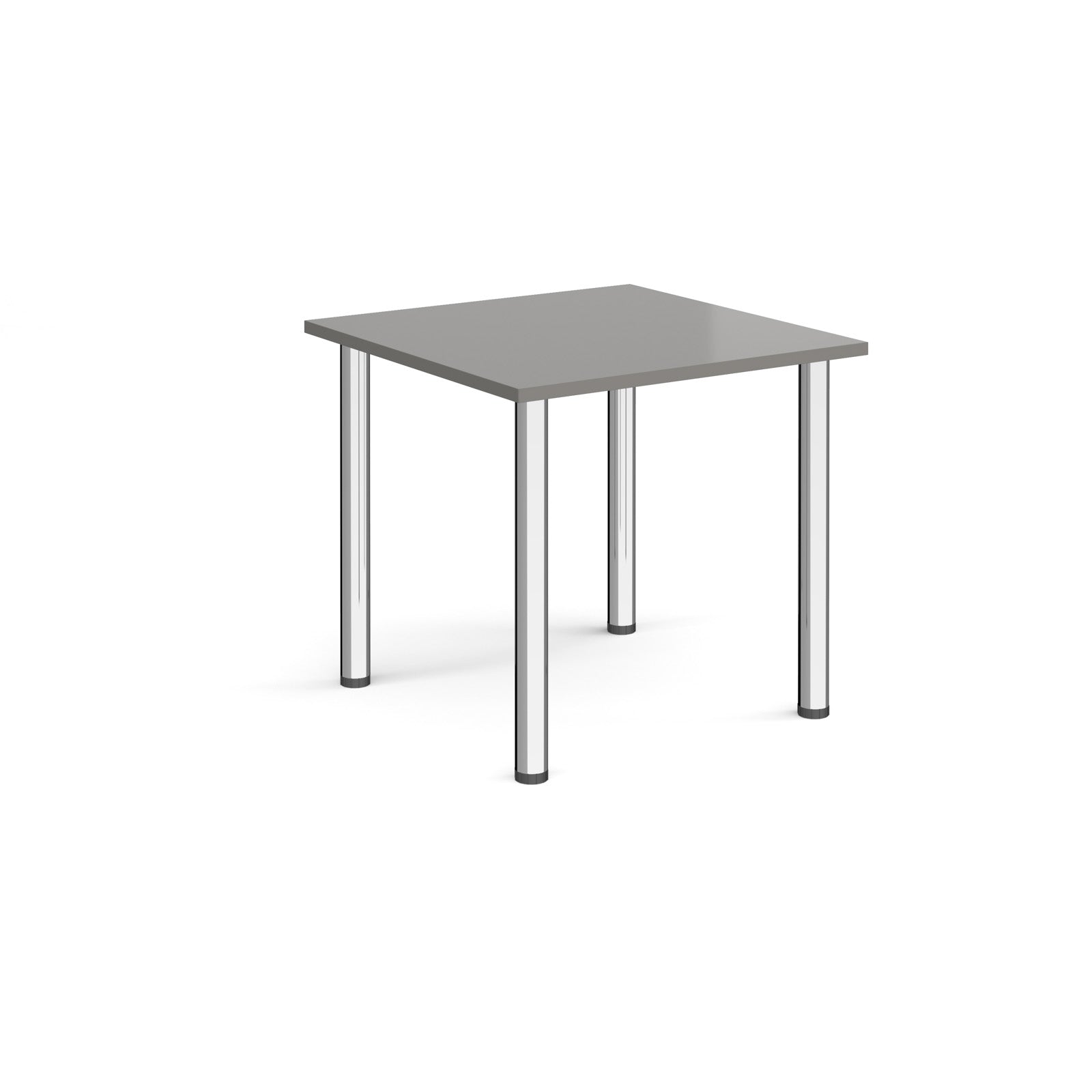 Square table with grey top and metal legs on a white background