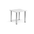 White square table with chrome legs on a white background
