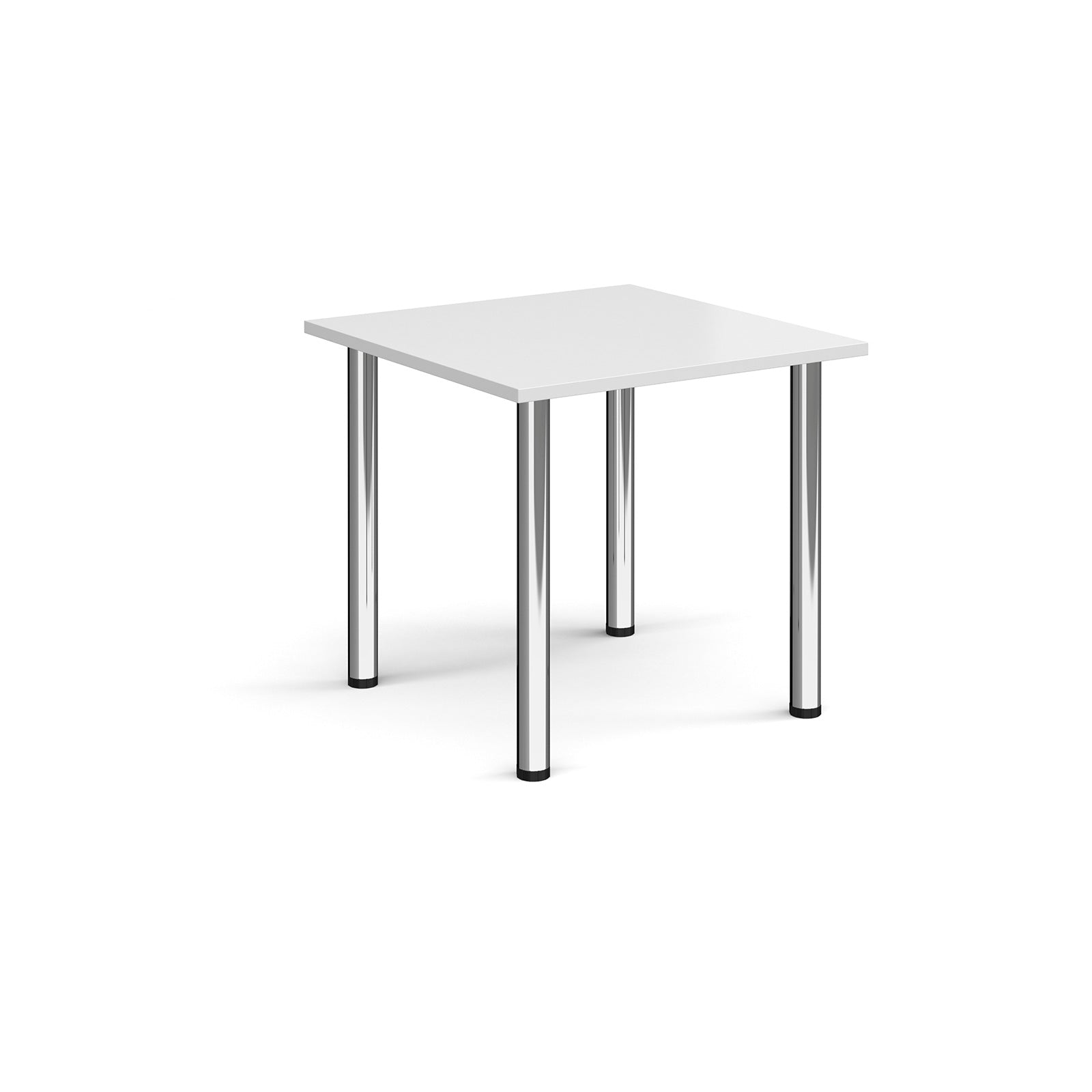 White square table with chrome legs on a white background