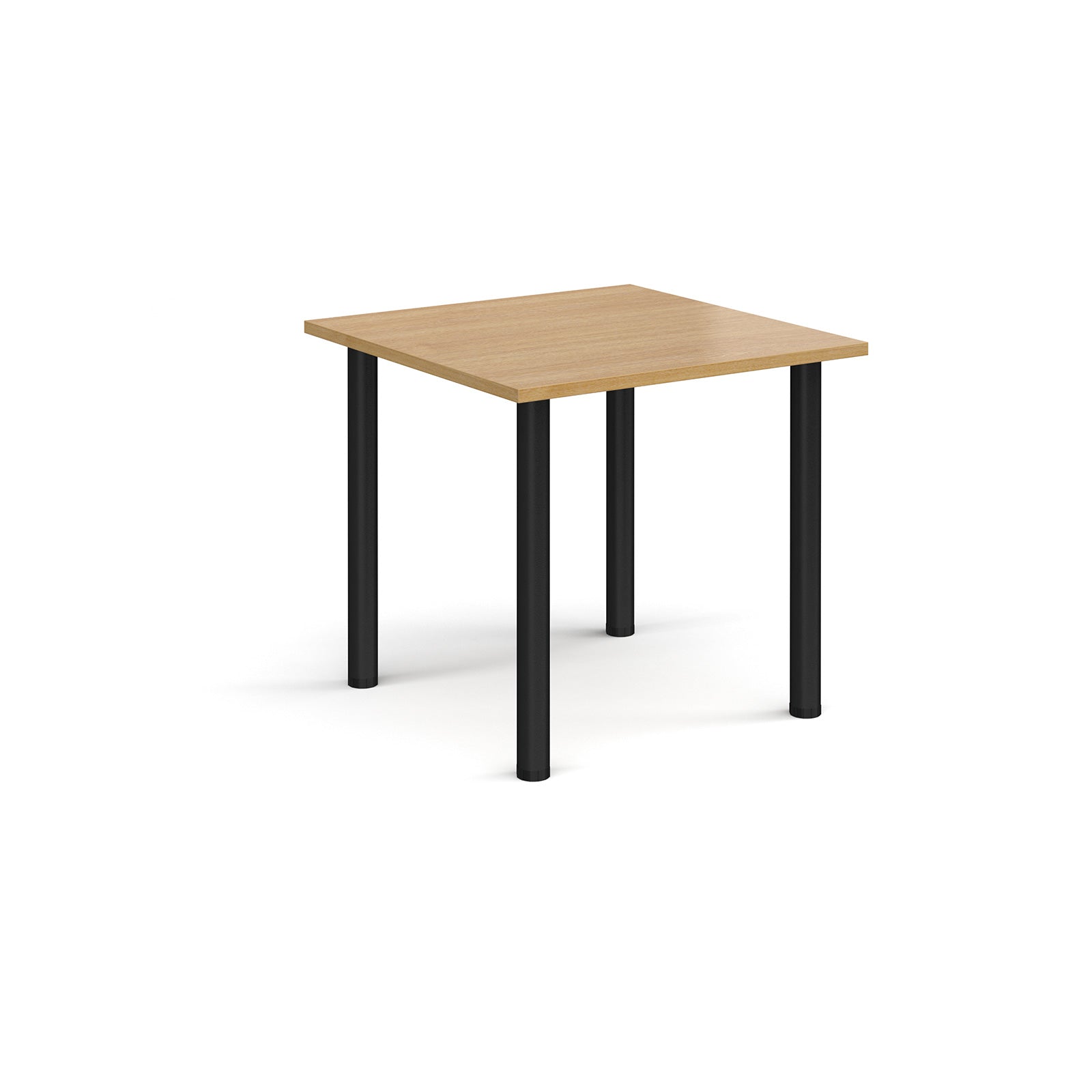 Square table with wood-effect top and black legs on a white background