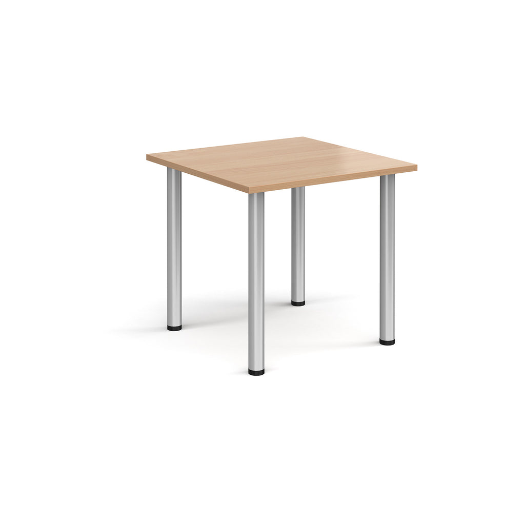 Square table with wood-effect top and metal legs on a white background