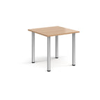 Square table with wood-effect top and metal legs on a white background