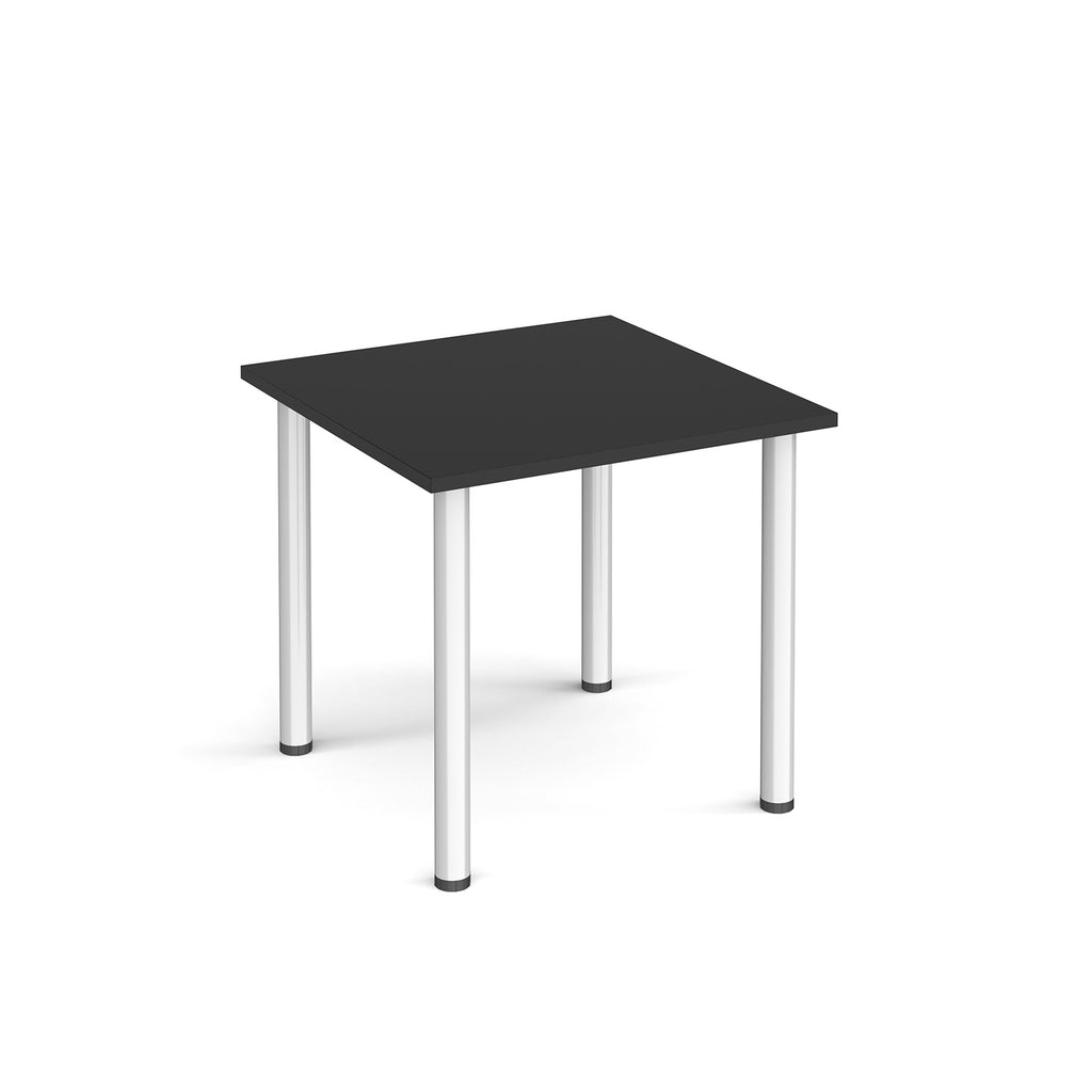 Square table with a black top and silver metal base on a white background