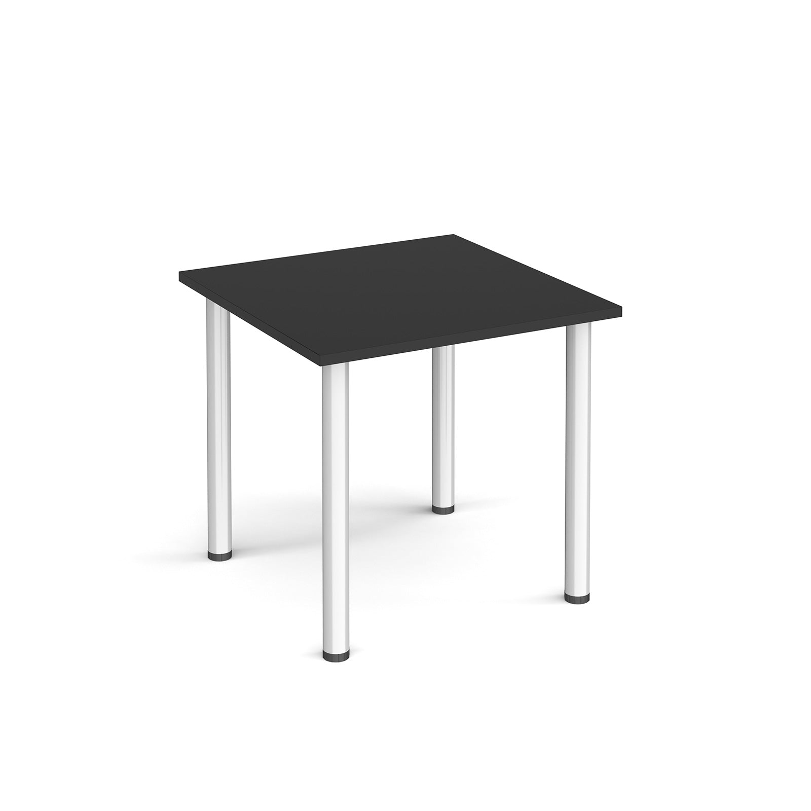 Square table with a black top and silver metal base on a white background