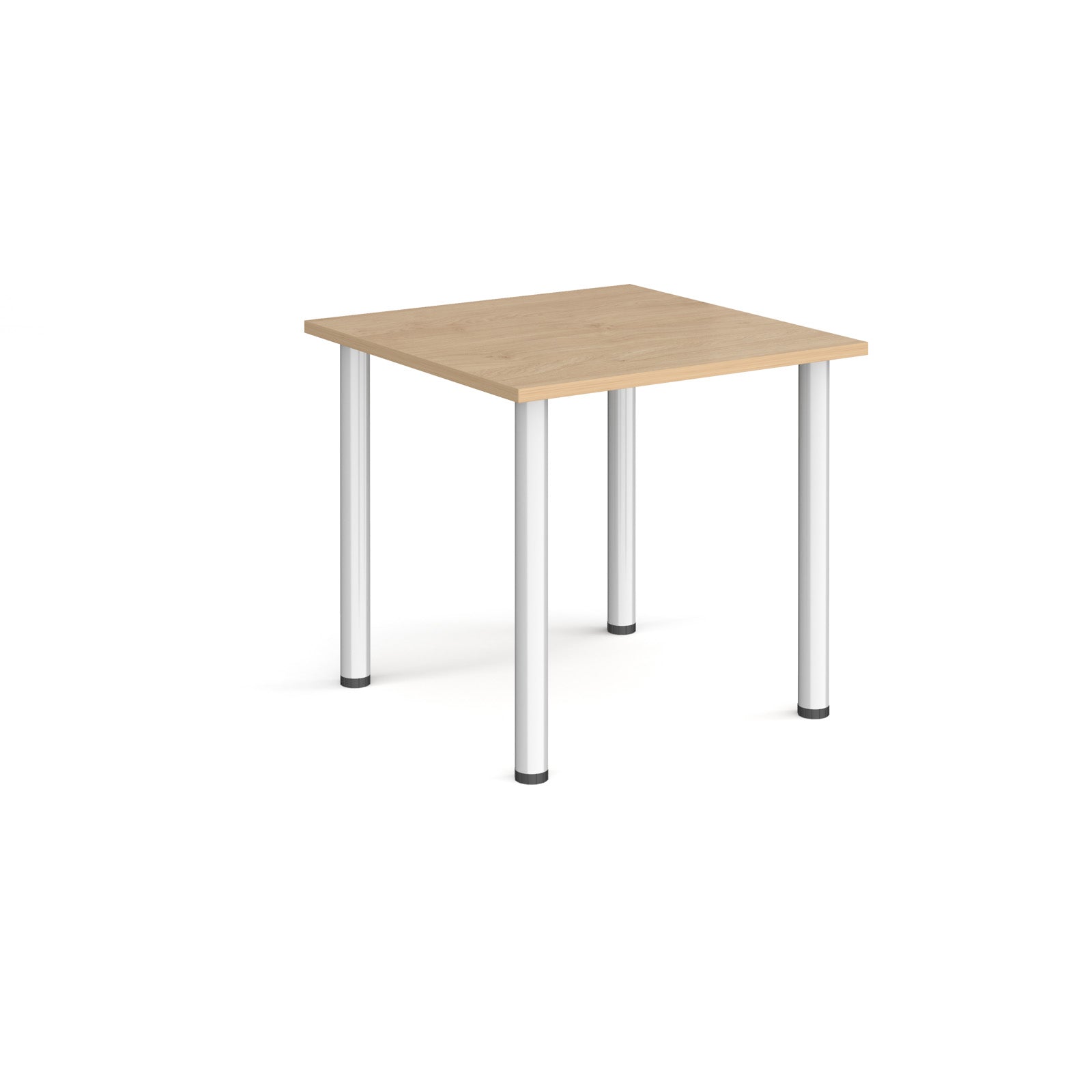 Square table with wood-effect top and silver metal legs on a white background