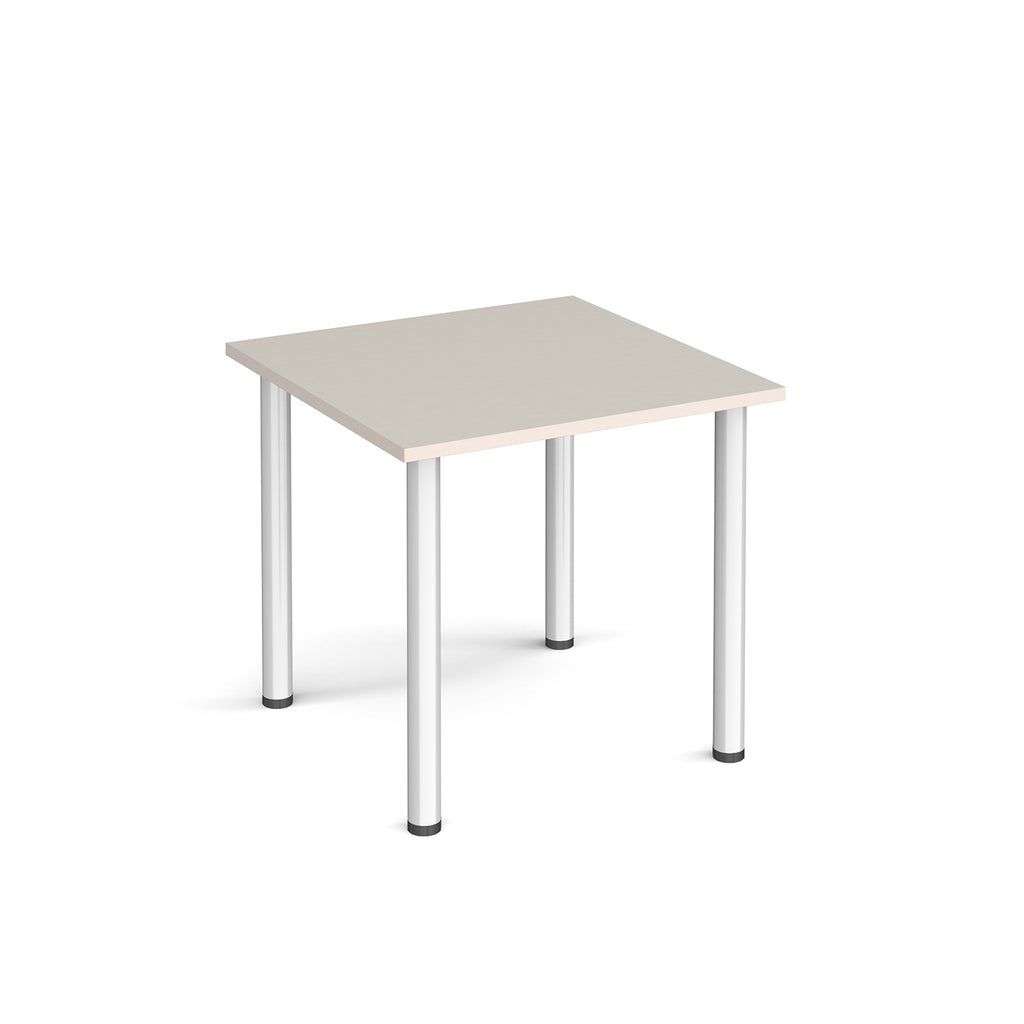Square table with light grey top and silver metal legs on a white background