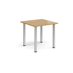 Square table with wood-effect top and metal legs on a white background