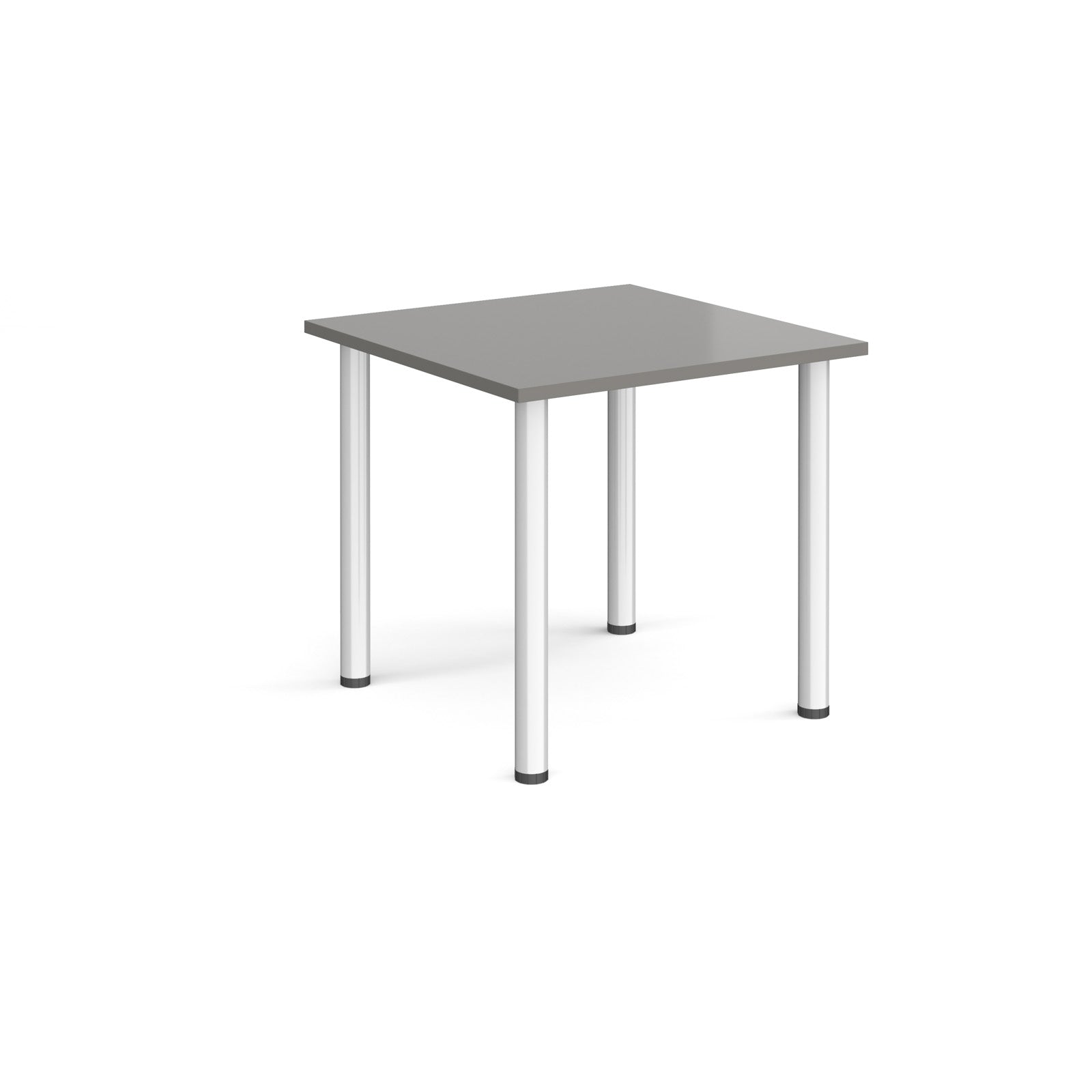 Square table with grey top and silver metal legs on a white background