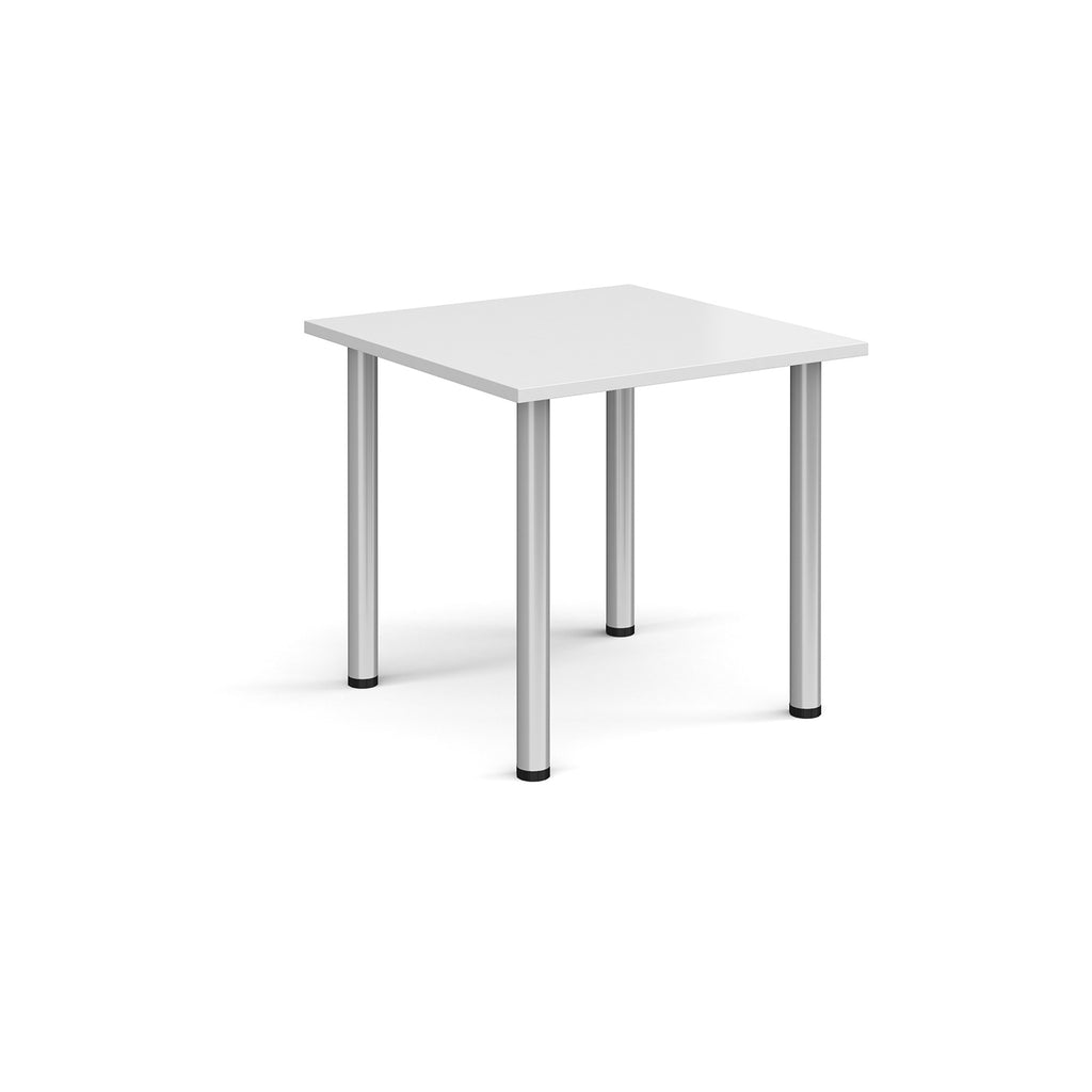 White square table with metal legs on a white background