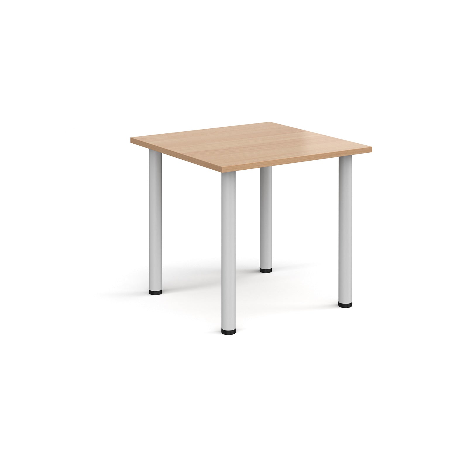 Square table with wood-effect top and white metal legs on a white background