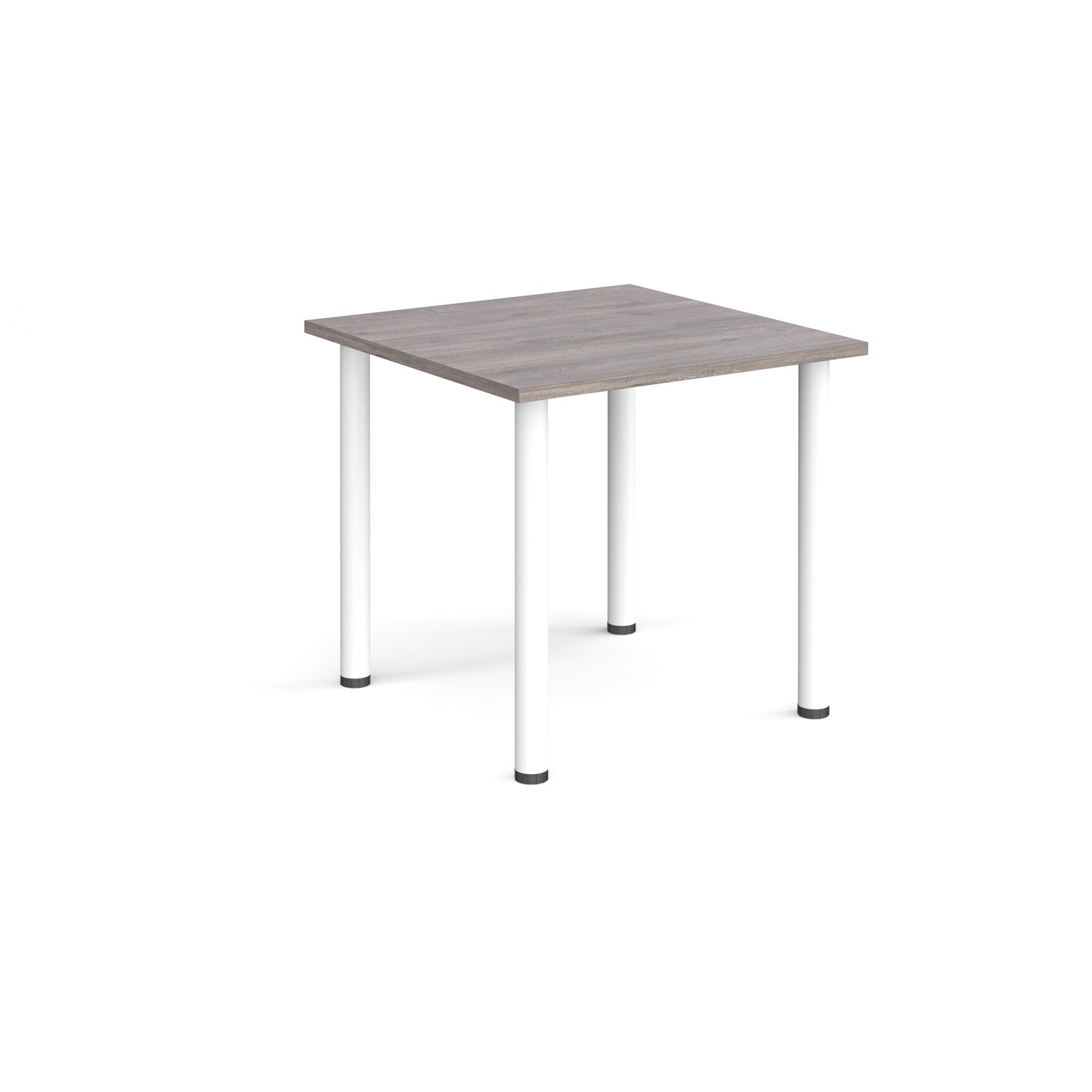 Square table with grey wood-effect  top and white legs on a white background