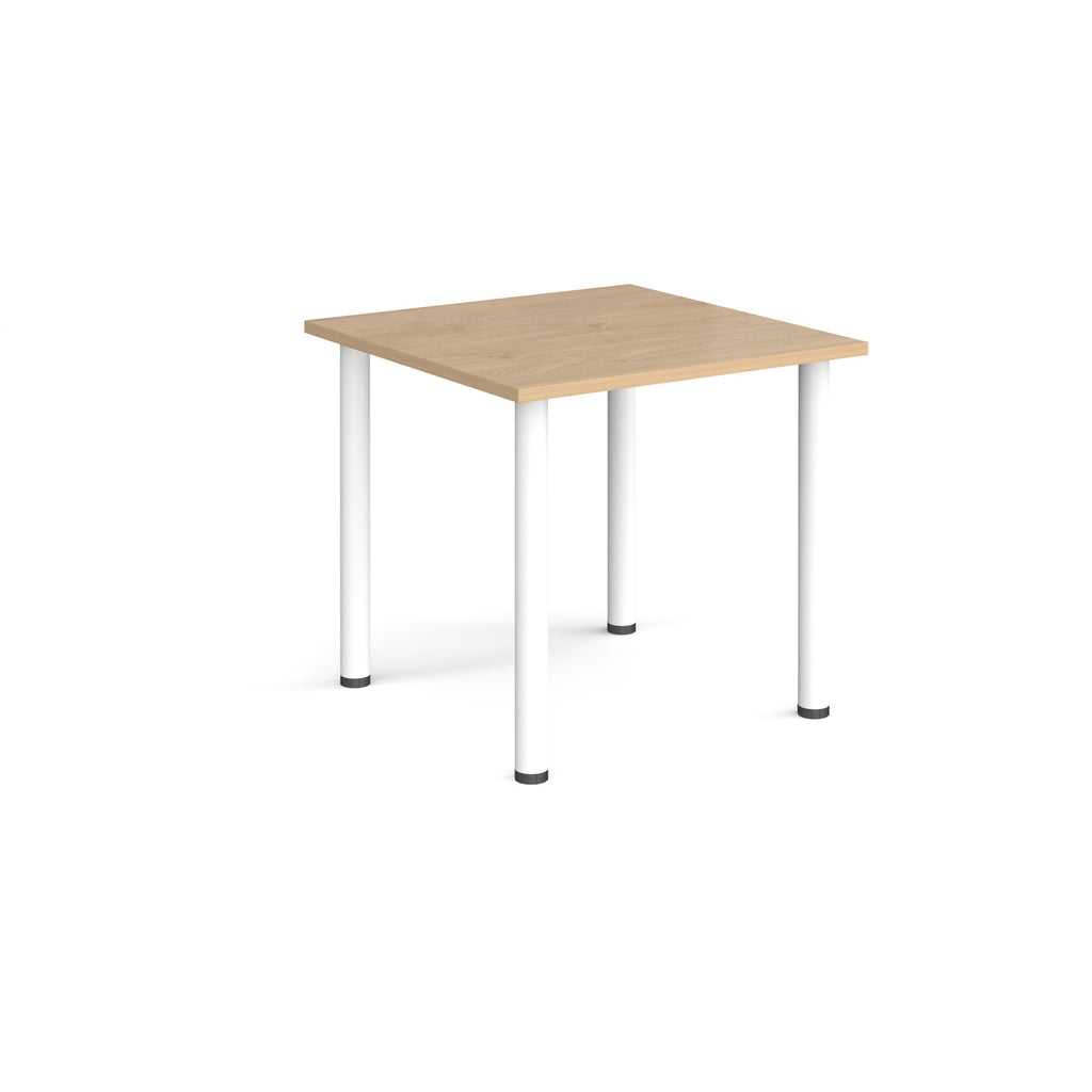 Square table with wood-effect top and white metal legs on a white background