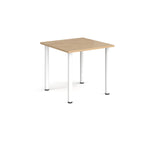 Square table with wood-effect top and white metal legs on a white background