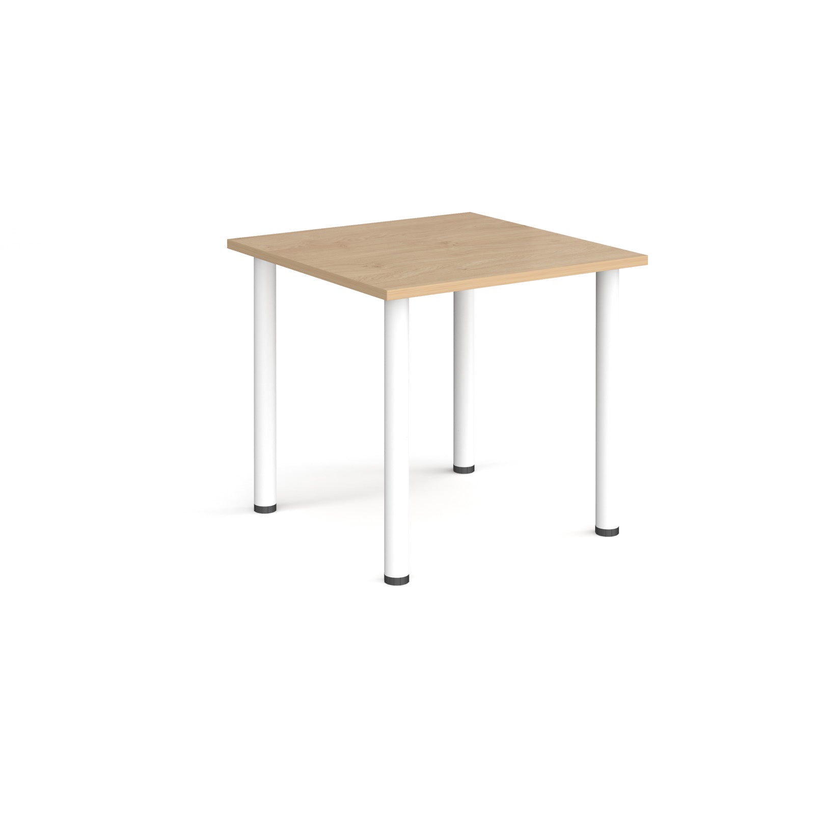 Square table with wood-effect top and white metal legs on a white background