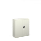 White storage cabinet with a black handle on a white background