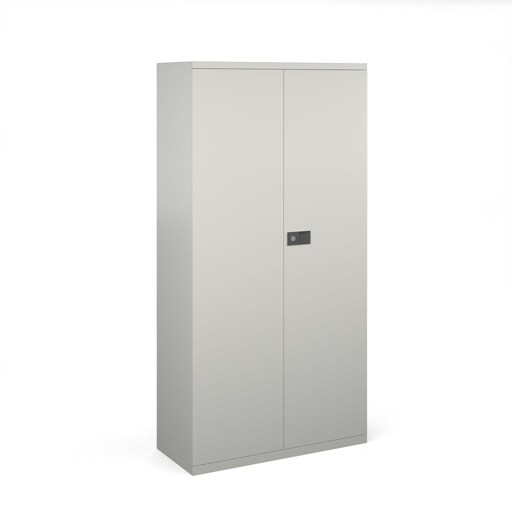 Grey storage cabinet with a black handle on a white background