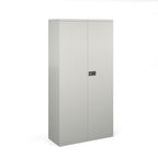 Grey storage cabinet with a black handle on a white background