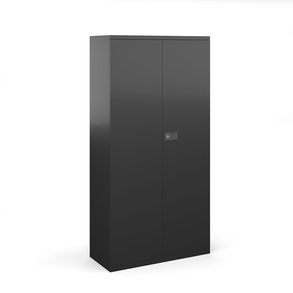 Black cabinet with a silver handle on a white background