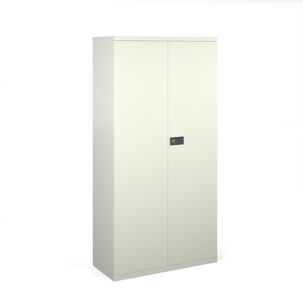 White storage cabinet with a black handle on a white background