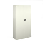 White storage cabinet with a black handle on a white background