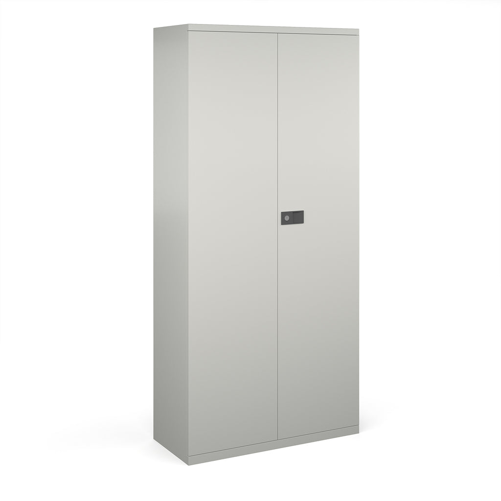 Grey storage cabinet with a black handle on a white background