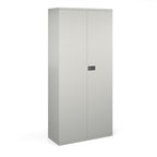 Grey storage cabinet with a black handle on a white background