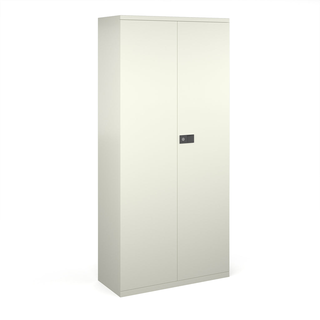 White storage cabinet with a black handle on a white background
