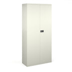 White storage cabinet with a black handle on a white background