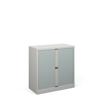 White cabinet with glass doors on a white background