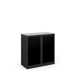 Black cabinet with two doors on a white background