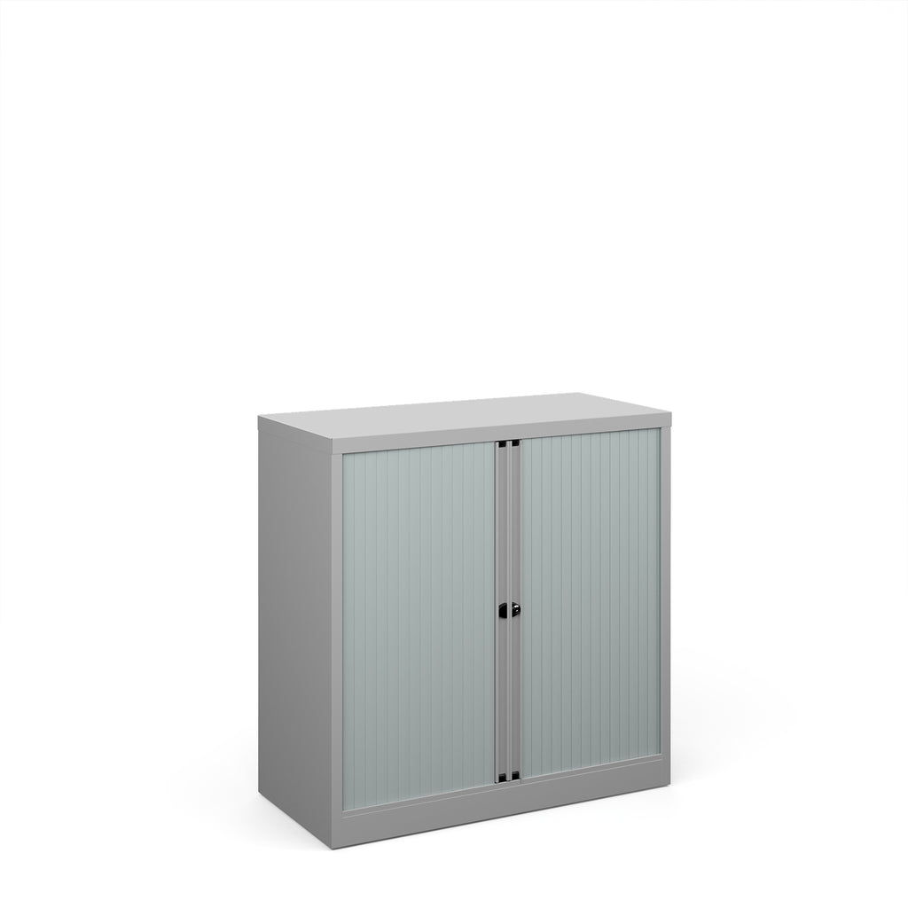 Grey storage cabinet with sliding doors on a white background