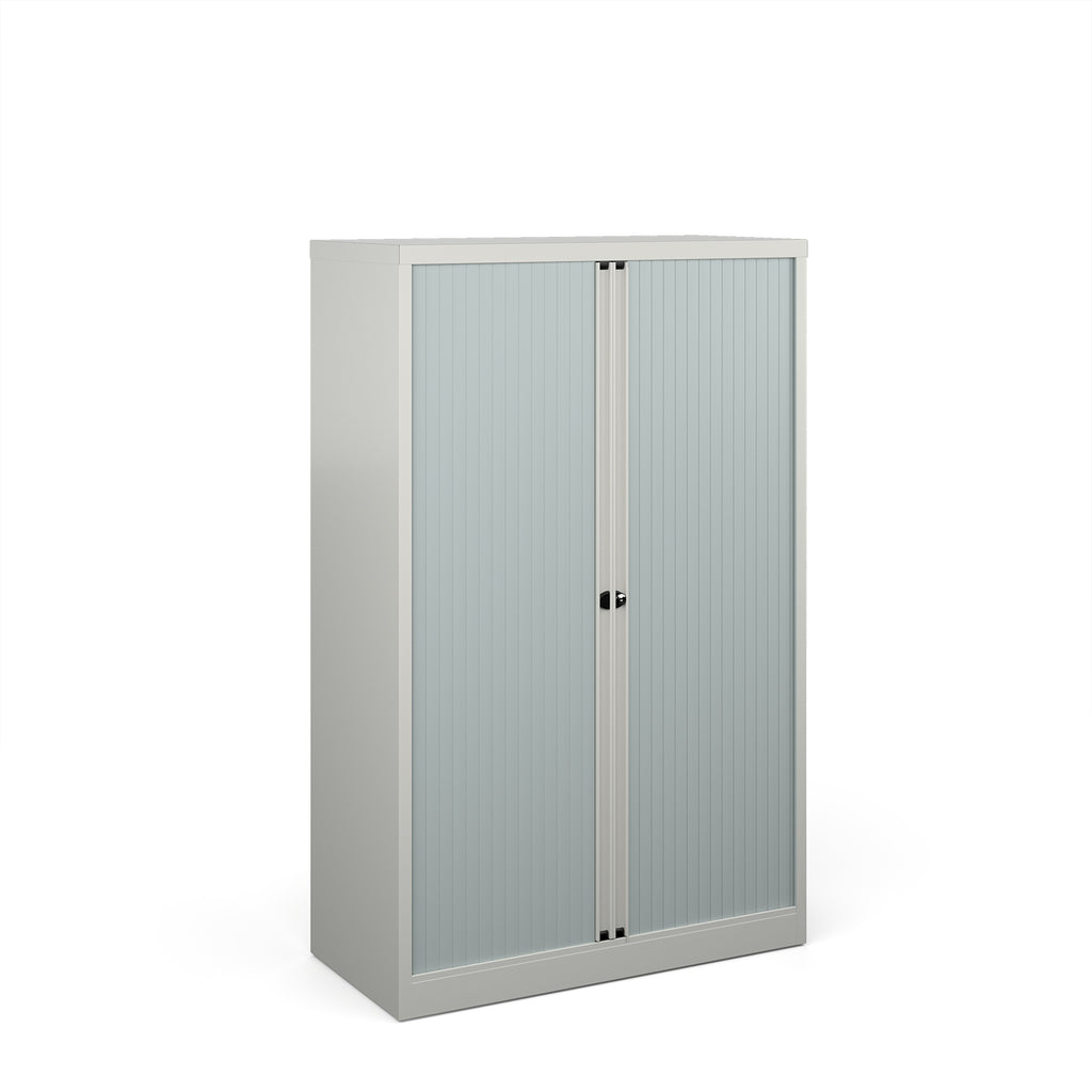 Grey storage cabinet with transparent sliding doors on a white background