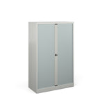 Grey storage cabinet with transparent sliding doors on a white background
