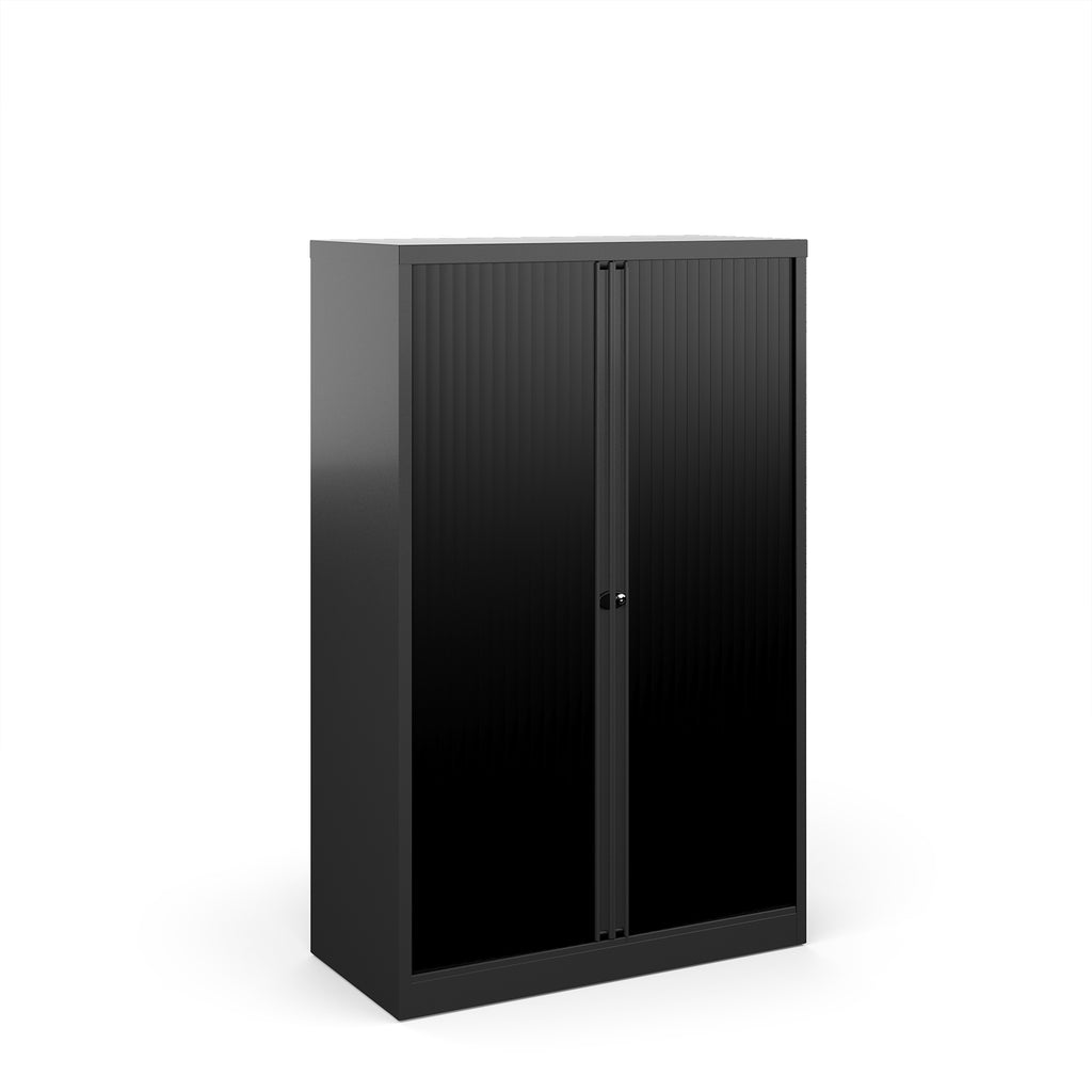 Black metal storage cabinet with two sliding doors on a white background