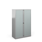 Grey storage cabinet with glass doors on a white background