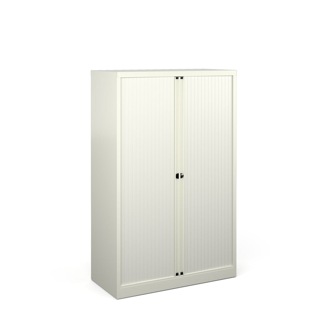 White storage cabinet with sliding doors on a white background