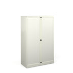 White storage cabinet with sliding doors on a white background