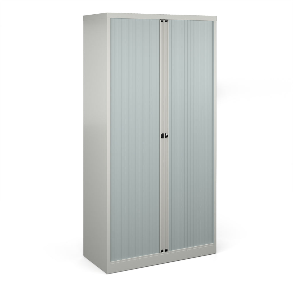 Grey storage cabinet with transparent sliding doors on a white background