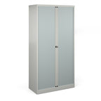 Grey storage cabinet with transparent sliding doors on a white background