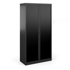Black metal cabinet with two doors on a white background