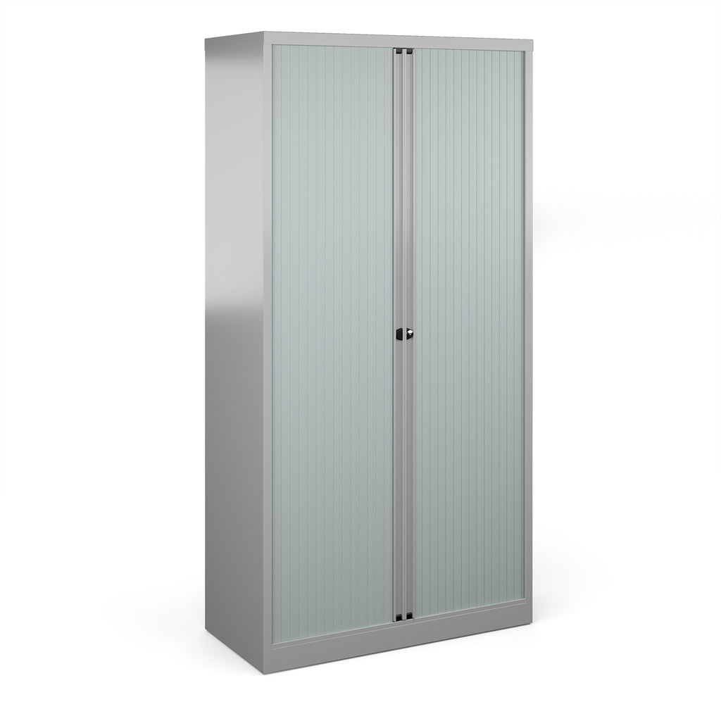Gray metal storage cabinet with sliding doors on a white background