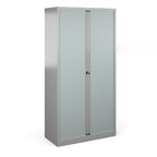 Gray metal storage cabinet with sliding doors on a white background