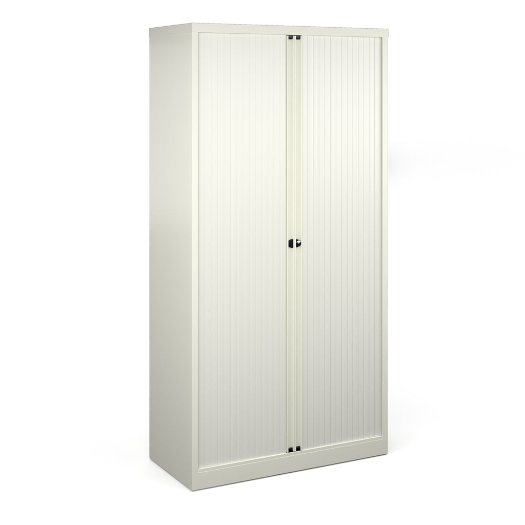 White storage cabinet with sliding doors on a white background