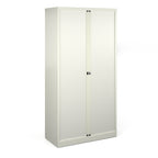 White storage cabinet with sliding doors on a white background