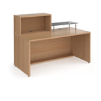 Wooden reception desk with a glass top on a white background